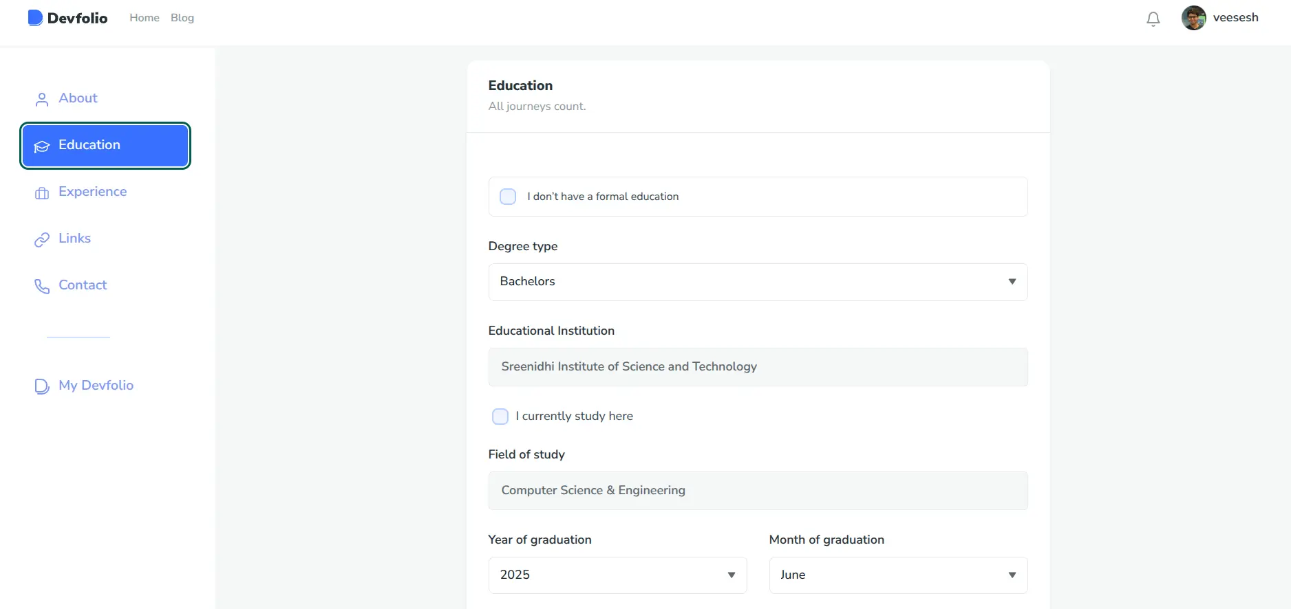 Education form screenshot